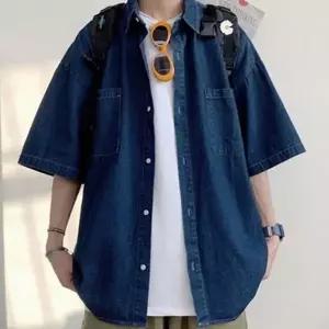 루즈핏 남성 데님 셔츠 오버핏 반팔 셔츠 청남방 캐주얼 여름