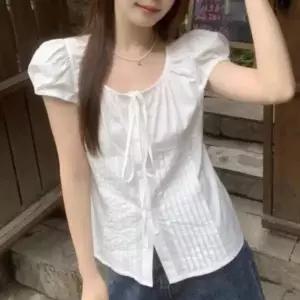 ( )블라우스 데이트룩 스트랩 핀턱 여름 리본 여성 썸머