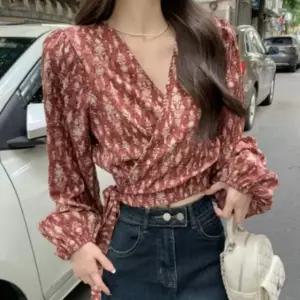 블라우스 브이넥 랩 여성 리본 플라워 봄여름 퍼프