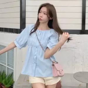 캐주얼 루즈핏 여름 플레어 셔링 블라우스 노카라 여성