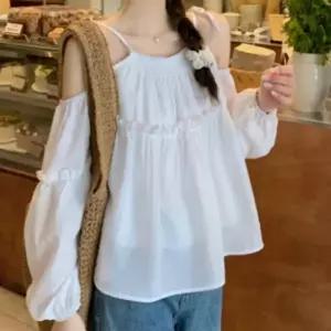여성블라우스 기본데일리룩 밴딩 루즈핏티셔츠 바캉스룩 끈 오프숄더 원픽 프릴 트임티셔츠 여름 어깨 쉬폰