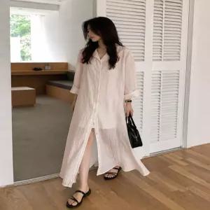 [하젤]아이오 린넨 셔츠 시스루 롱원피스_M4775