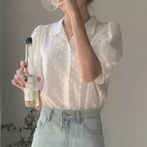 여성 청순 시스루 퍼프 소매 반팔 카라 블라우스 셔츠