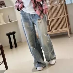 [룽스_62]빈티지 연청 와이드 여성바지 빅사이즈 찢청팬츠