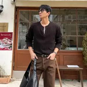 남자 헨리넥 긴팔 와플 브이넥 티셔츠