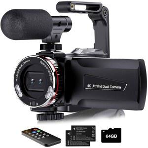 DUMJUG 4K 비디오 카메라 캠코더 유튜브용 배터리 카메라 영상 블로그 마이크 듀얼 21X 64MP 디지털 외부 셀프 리모컨 스크린 UHD 카드 메모리 포함 IPS 스태빌라이저 2개