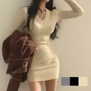 [하프클럽/]슬림 골지 원피스 니트 파티 미니 원피스