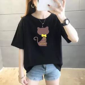 [하프클럽/]여성 반팔티 고양이 레터링 프린팅 라운드넥 루즈핏 오버핏 티