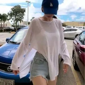[하프클럽/]사이드 트임 시스루 긴팔 티셔츠 오버핏 바캉스 비치웨어 루즈