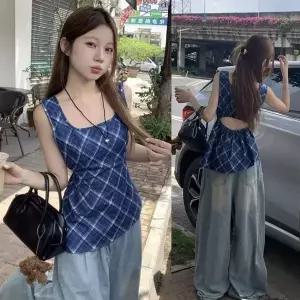 [하프클럽/]체크 슬리브리스 블라우스 여름 블루