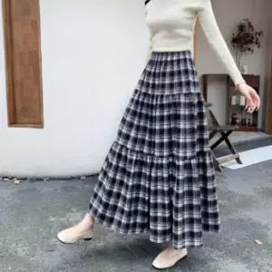 [하프클럽/]여성 체크 A라인 롱 스커트 빈티지 스커트