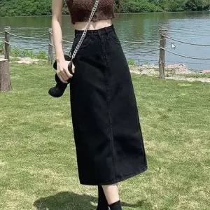[하프클럽/]하이웨스트 데님 롱 스커트 블랙 시크 무드