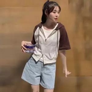[하프클럽/]여성 투웨이 집업 반팔 후드 배색 레글런
