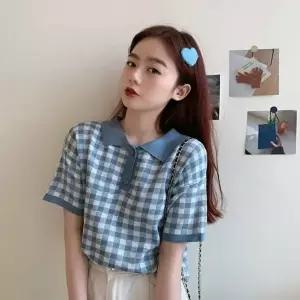 여성 넥카라 반크롭 여름 니트티셔츠 단추 니트반팔티 (HSJ-WE7F622)