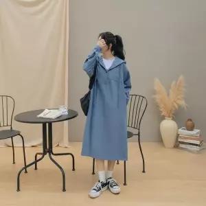 [옷자락]여성 데님 후드 포켓 롱 캐주얼 원피스 후디 OOTD