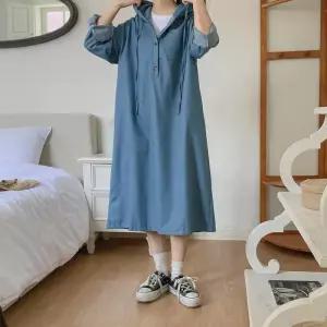 [옷자락]여성용 후드 포켓 데님 롱 원피스 후디 후드티