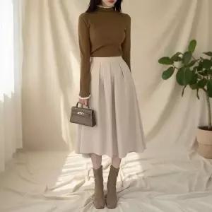 여성 셔링 플레어 스웨이드 롱스커트 뒷밴딩 반지