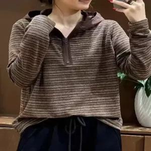 가을 여성 스트라이프 후드 후드티 캐시미어 상의 긴팔 반집업 KS3