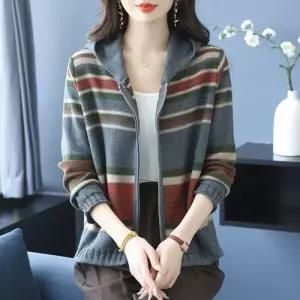볼사스 캐주얼 가을 여자 니트 후드 스트라이프 아우터 상의 카디건 빅사이즈 스웨터 ADOR3