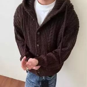 EAMT 캐주얼 빈티지 가을 남성용 니트 꽈배기 스웨터 긴팔 후드 카디건 싱글 YJ3