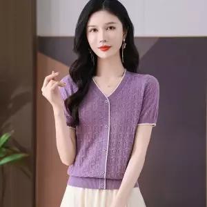 니트 여성용 하계 티 얇은 코듀로이 데일리 반팔 브이넥 셔츠 상의 펀칭 SPO마켓2