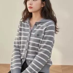 입체 후드 배색 줄무늬 니트 가디건 고중량 간절기 아우터
