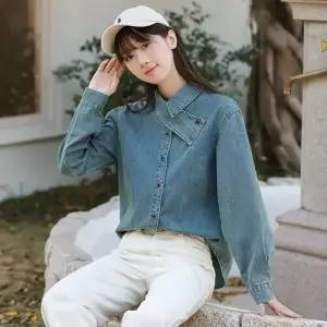 팔콘 여성 여성용 청 캐주얼 봄 빈티지 톱 럭셔리기본 무지데님 슬림핏 셔츠 KKE1