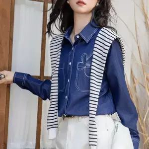 팔콘 여성 여사친 청 빈티지긴팔 무지데님 레이어드 봄가을 상의 셔츠 KKE3
