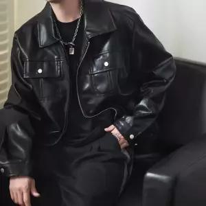 남친 캐주얼 칼라 가죽자켓 점퍼 포켓 심플데일리룩 루즈핏 항공 가죽옷 더블 라이더 OOTD1