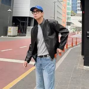 [YULL] 남자 크롭 자켓 비건 차이나 레더 블루종
