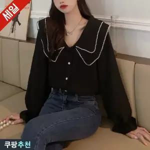 (브랜드 추천) 150kg까지 빅사이즈 여성 숄카라 프릴 날씬해보이는 심플 이쁜곳 블라우스 봄 편한 블랙 우
