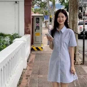 (MADE/쿨원단/청량미) 티니 시어서커 스트라이프 셔츠 미니 원피스 op15753