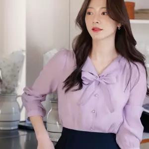 [시크라인] (~XXL까지) 고니덴 타이넥 시스루 블라우스 봄 가을 하객룩 오피스룩 모임룩 격식룩 빅사이즈