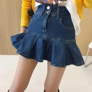 오드리 하이웨스트 투버튼 스판 진청 데님 청 플레어 미니스커트(속바지)