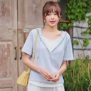 [핑크시슬리] 토즈니 슬라브 이중레이어드 반오픈 후드 반팔티