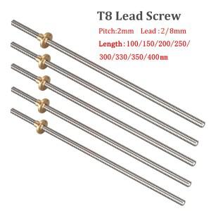 2pcs T8 리드 스크류 사다리꼴 막대 피치 2mm 리드 2mm/8mm 100/150/200/300/350/400mm T8 리드 스크류 너
