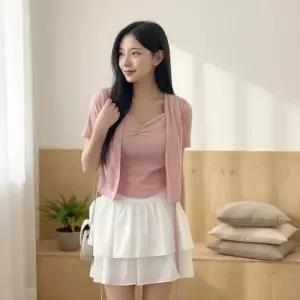 옷자락 여성 하트넥 여름 골지 셔링 반소매 티셔츠