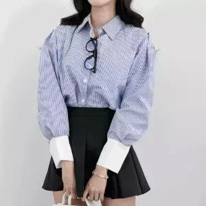 [라일리여성의류] Rly 배색 스트라이프 크롭 남방 셔츠 블라우스