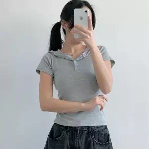 여자 버튼 여릅 반팔후드티 크롭 스판 티셔츠