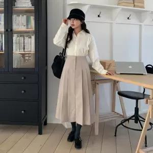 여성용 캐주얼 에이라인 롱 스커트 치마 OOTD 꾸안꾸