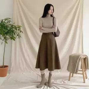 여성용 스웨이드 와이드 플리츠 롱스커트 치마 루즈핏