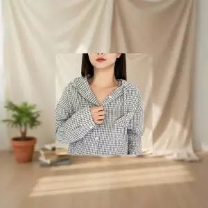 여성 세미크롭 포켓 후드 체크 셔츠 남방 후디 후드티