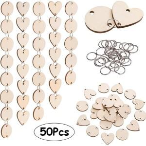 50Pcs 나무 원형 심장 태그 구멍 반지와 장식 걸이 크리스마스 생일 보드 대 한 DIY 예술 공예