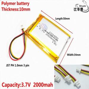JST PH 1.0mm 3 핀  좋은 품질 3.7V 2000mAh 103450 폴리머 리튬 이온 배터리  태블릿 PC 뱅크  GPS mp3 mp