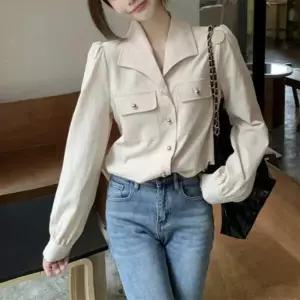 아트박스/신상오픈런 여성 루즈핏 카라 포켓 셔링 긴팔 블라우스