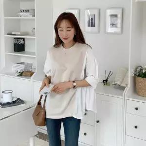 아트박스/신상오픈런 여성 라운드넥 배색 허리셔링 블라우스