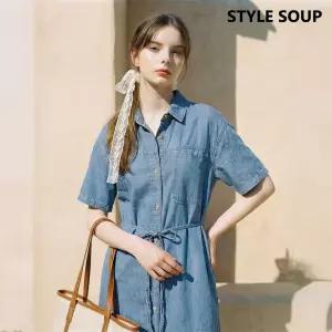 숲 데님 셔츠 반팔 벨티드 원피스 SC4OPE1