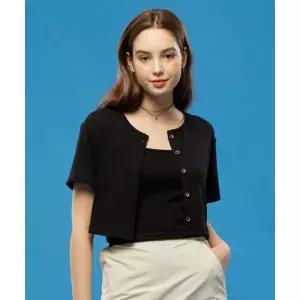 KOLEAT WOMEN 셋업 크롭 가디건 반팔티 끈나시 세트 [블랙]