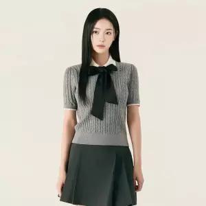 백화점 로엠 카라 니트 배색 반팔 풀오버 RMKAG23ST2
