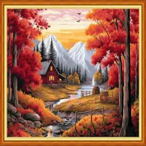 초보자를 위한 DMCVIVR 스탬프 크로스 스티치 키트 바늘 포인트 자수 11CT-아름다운 늦가을 16x20 인치